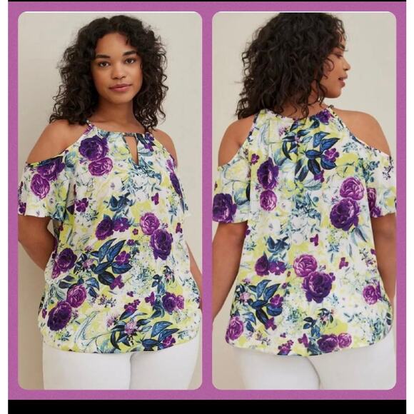 Torrid Georgette Chain-Link Cold-Shoulder Blouse • Floral White • Size 5XL - Picture 12 of 12